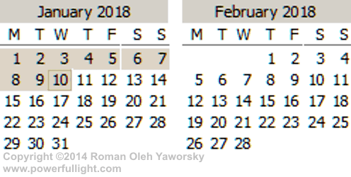 Mercury Retorgrade Calendar, 2018 January completion, Powerfullight.com copyright 2018 Roman Oleh Yaworsky