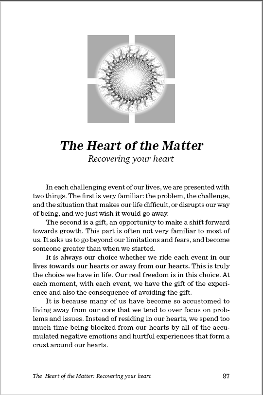 The Heart of the Matter page 87 from Being Centered by Roman Oleh Yaworsky, a Life Coach in a book. Image copyright 2007 by Roman Oleh Yaworsky. Editor Susana Sori