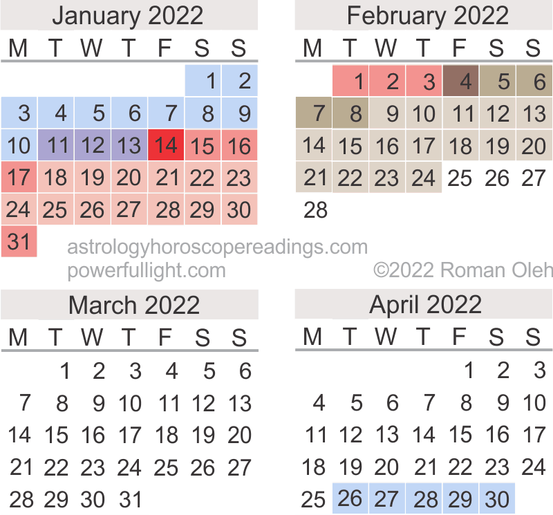 Mercury Retrograde Calendar, January to April 2021.  Copyright 2020 by Roman Oleh Yaworsky, www.powerfullight.com