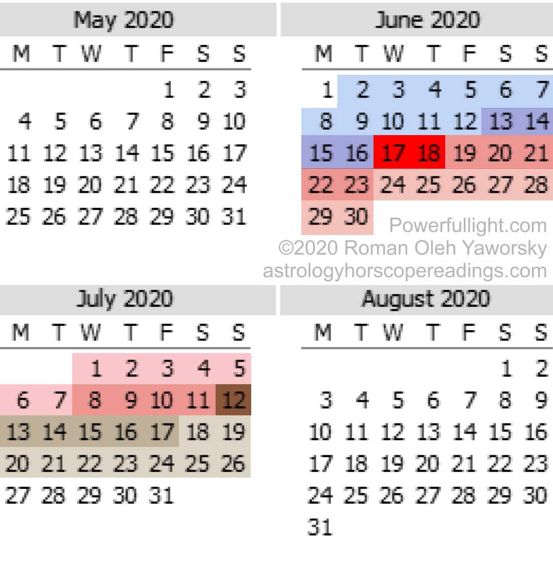 Mercury Retrograde Calendar, May to August 2020.  Copyright 2020 by Roman Oleh Yaworsky, www.powerfullight.com