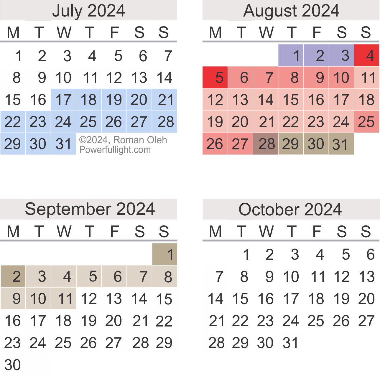 Mercury Retrograde Calendar, July to October 2024.  Copyright 2023 by Roman Oleh Yaworsky, www.powerfullight.com
