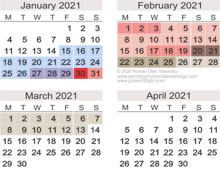 Mercury Retrograde Calendar, January to April 2021.  Copyright 2020 by Roman Oleh Yaworsky, www.powerfullight.com